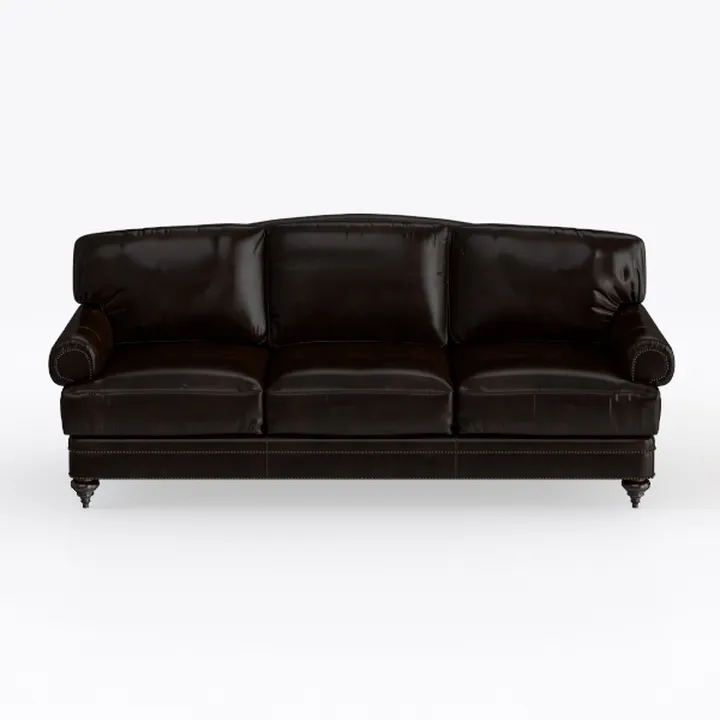 Traditional Dark Leather 3 Seater Sofa With Nailhead Trim 3D Model