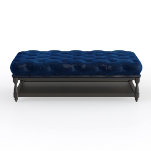 Modern Navy Blue Velvet Tufted Rectangular Ottoman with Shelf 3D Model