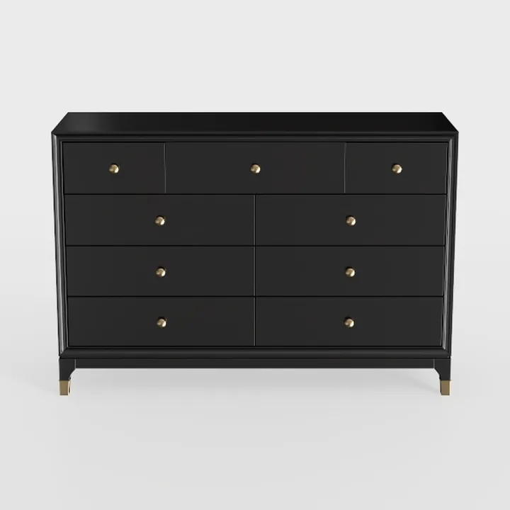 Modern Black Solid Wood Gold Accent 9 Drawer Dresser 3D Model