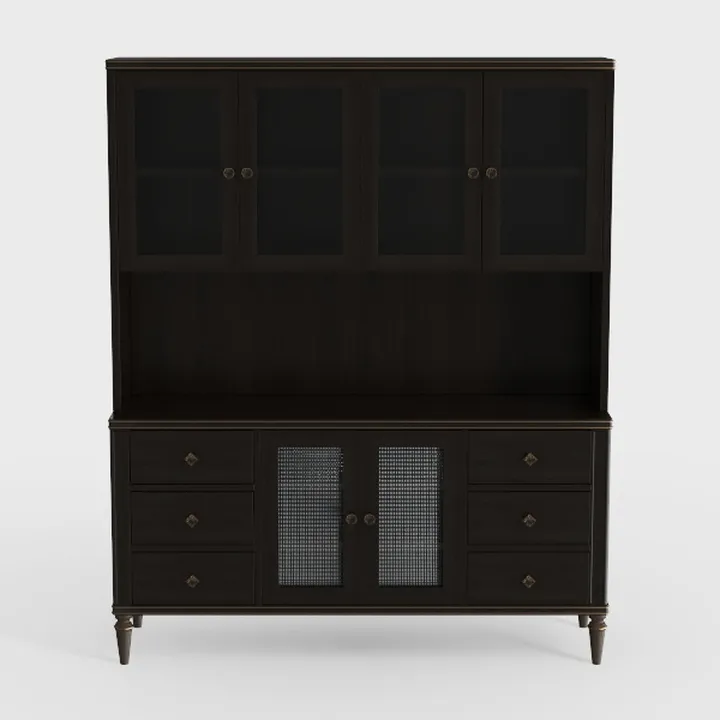 Modern Vintage Dark Solid Wood Rattan Glass Dining Cabinet 3D Model