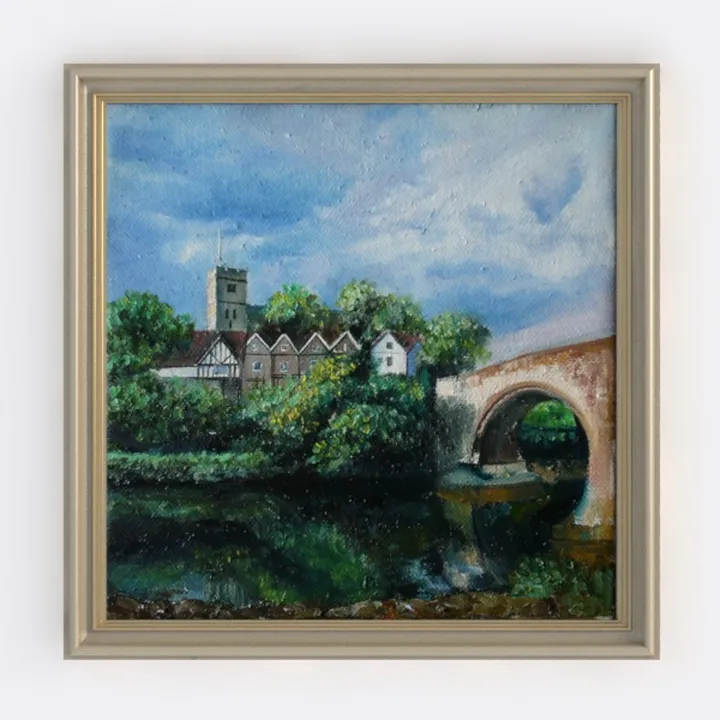 Vintage Oil Painting Framed Country Riverside Village Bridge 3D Model
