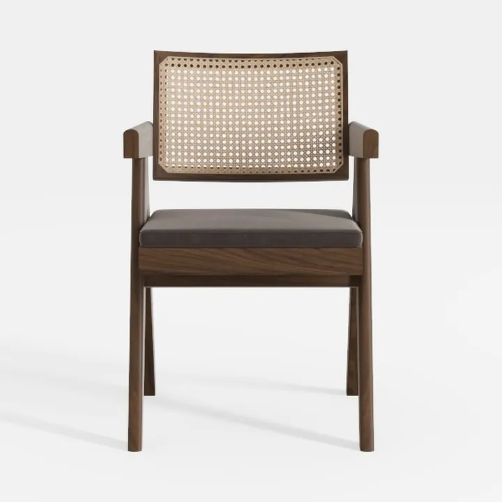 Mid Century Walnut Rattan Fabric Armchair 3D Model