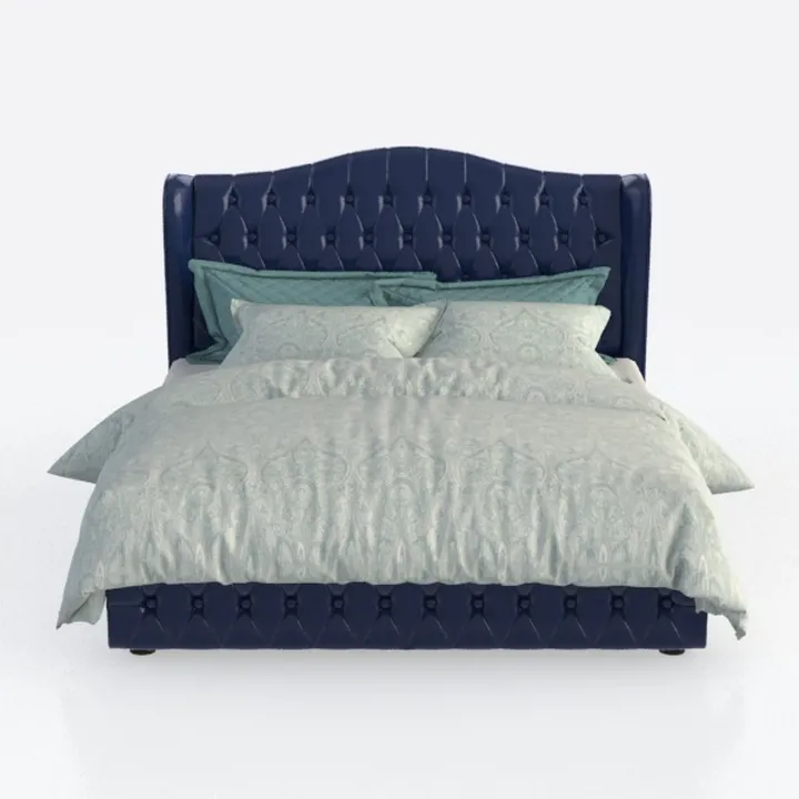 Pemberly Row Navy Blue Velvet Panel Bed with Tufte