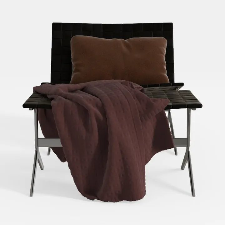 Modern Minimalist Black Leather Metal Armchair with Throw Pillow and Blanket 3D Model