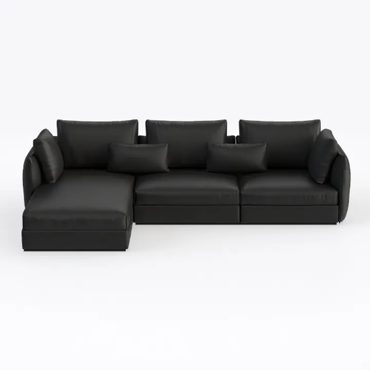 Minimalist Black Leather L-shaped Sectional Sofa 3D Model