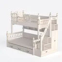 White Gold Accent Kids Bunk Bed with Storage Drawers Stairs 3D Model Left 45 Degree View
