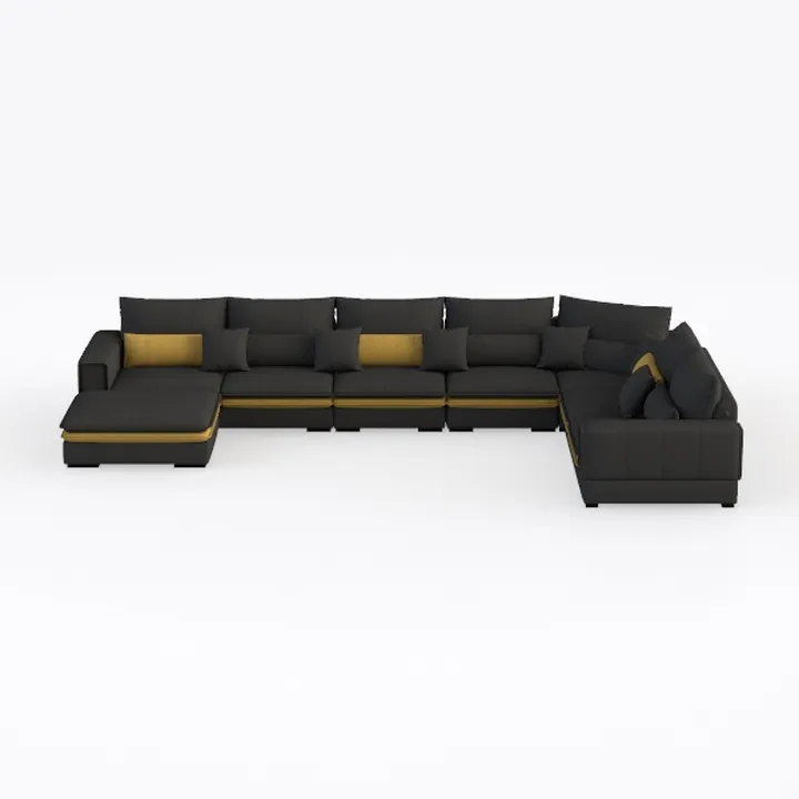 Modern Black Fabric U Shaped Sectional Sofa With Gold Accent Trim 3D Model