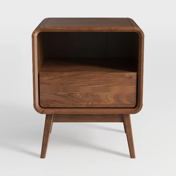 Mid Century Walnut Solid Wood Nightstand Single Drawer Open Shelf 3D Model