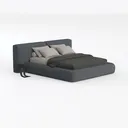 Minimalist Dark Blue Velvet Upholstered Platform Bed with Side Table 3D Model Left 45 Degree View