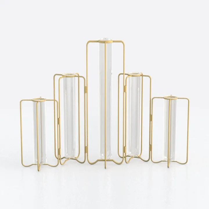 Gift Desktop Ornament Home Decoration Iron Art Vase Glass Test Tube Geometric Line Frame Hydroponic Flower Vase Nordic Styles