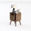 Mid-Century Solid Oak Wood Nightstand with Open Storage 3D Model Left 45 Degree View