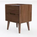 Mid-Century Walnut Solid Wood Nightstand 2 Drawer Storage 3D Model Left 45 Degree View