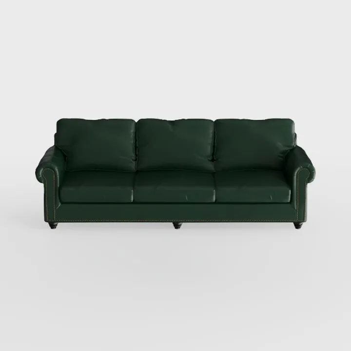 Vintage Dark Green Leather Rolled Arm 3 Seater Sofa 3D Model