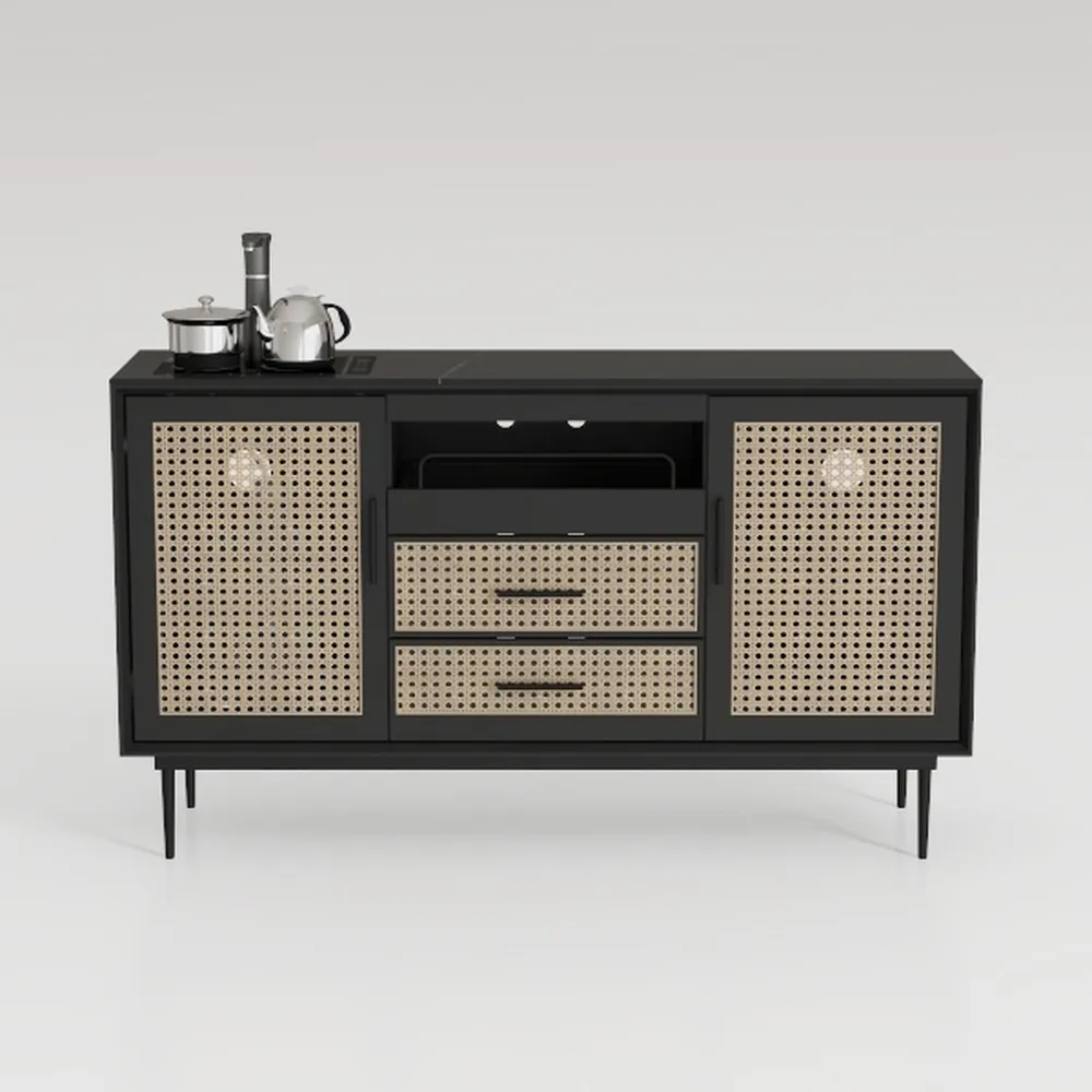 Giluta Black Storage Cabinet, Rattan Sideboard