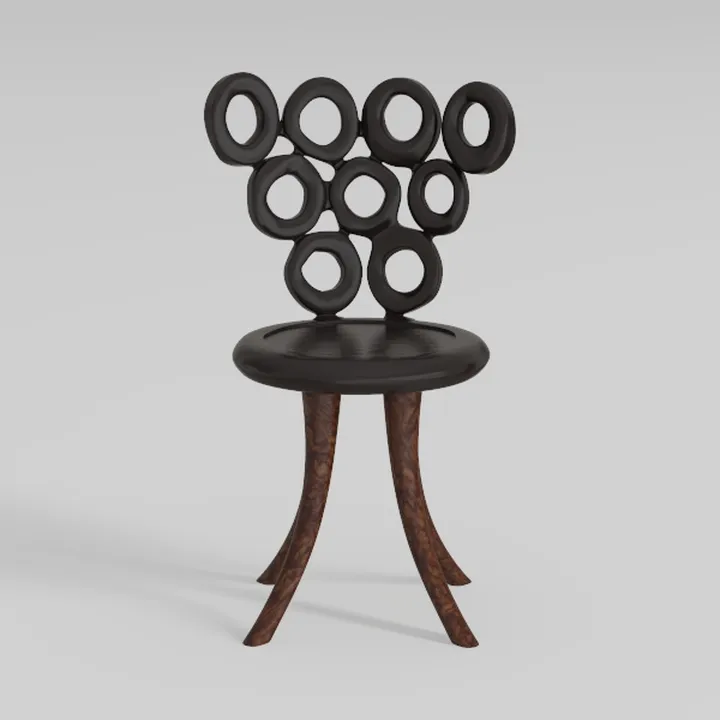 Art Deco Dark Wood Leather Accent Chair with Circular Backrest 3D Model