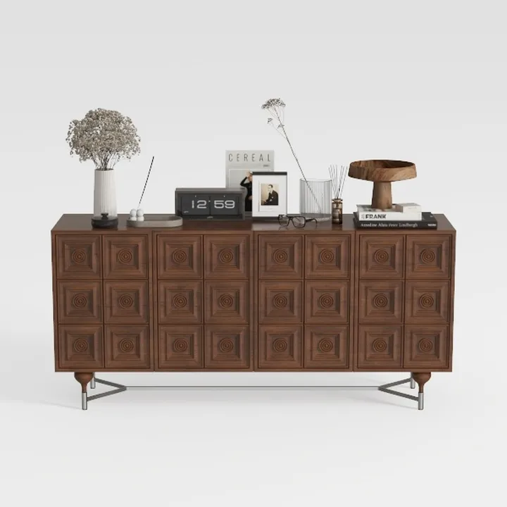 Mid-Century Solid Walnut Wood Sideboard with Geometric Carved Details 3D Model