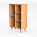 Minimalist Solid Oak Wood Bookshelf with Mid Century Legs 3D Model Left 45 Degree View