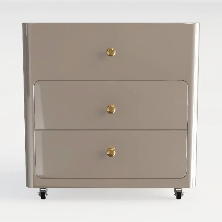Modern Glossy Lacquer Gold Accent 3 Drawer Rolling Cabinet 3D Model