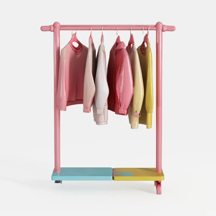 Modern Pink Metal Rolling Clothing Rack With Dual Storage Shelves 3D Model
