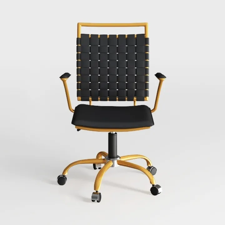 Modern Gold Metal Black Leather Woven Back Office Chair 3D Model