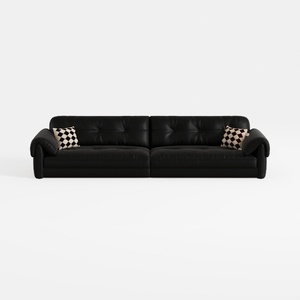 Modern Black Leather Tufted Extra Large Sofa With Checkered Pillows 3D Model