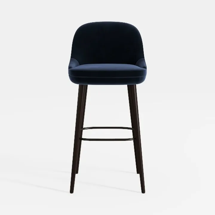 Modern Navy Velvet Upholstered Wooden Bar Stool 3D Model