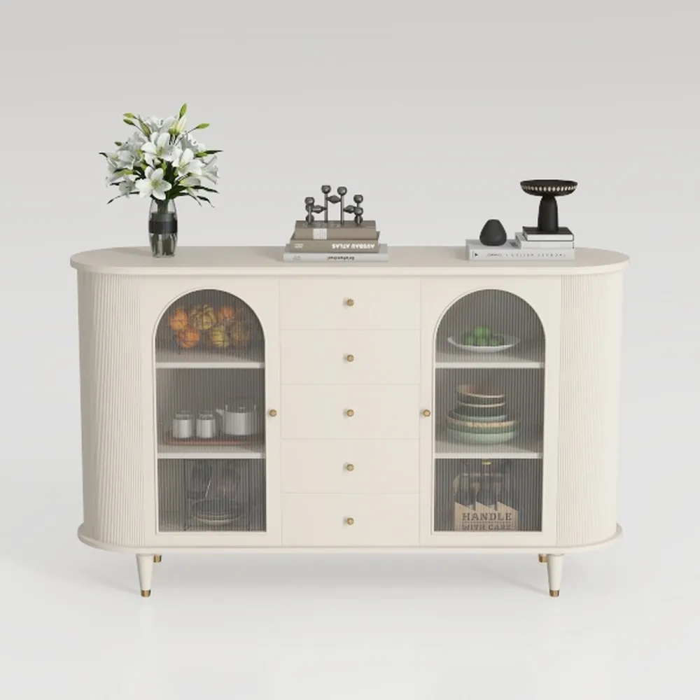 Beige Rattan 4-Door Buffet Cabinet - Boho Style