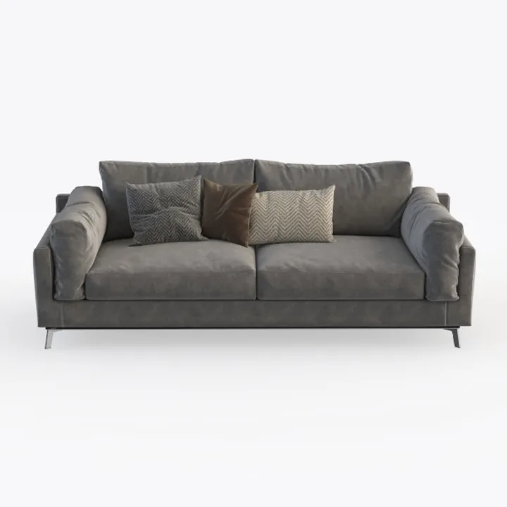 Modern Minimalist Grey Fabric 3 Seat Sofa With Decorative Throw Pillows 3D Model
