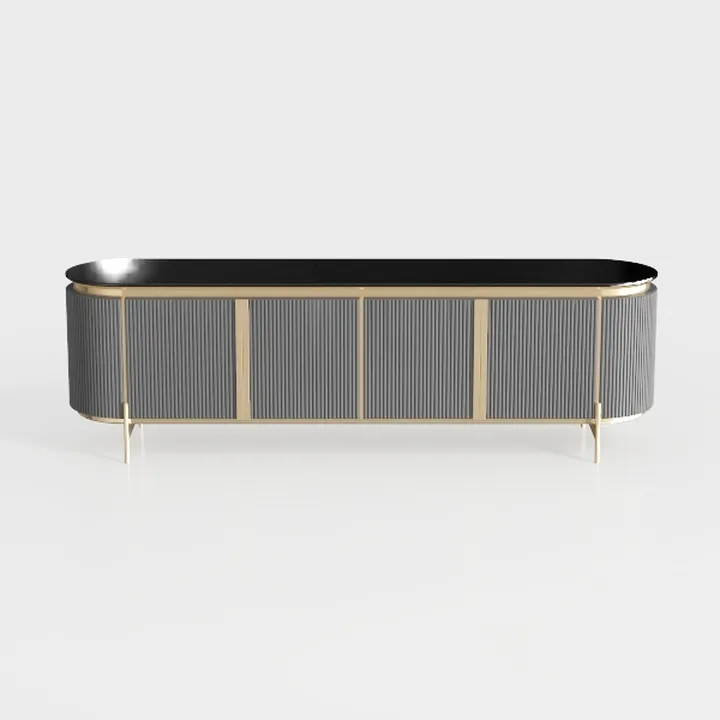 Modern Black Marble Top Gold Metal Fluted TV Cabinet 3D Model