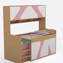 Modern Solid Wood Pink White Kids Loft Bed With Storage Cabinet Shelves 3D Model Right 45 Degree View