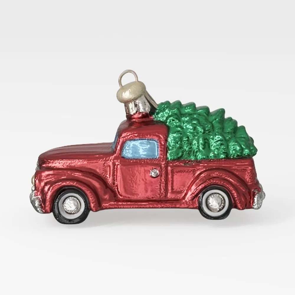 Old Truck with Tree Glass Blown Ornaments_ai generated