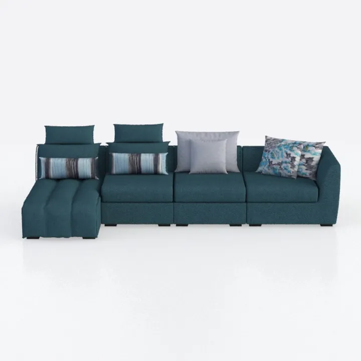 Modern Teal Fabric L Shaped Sectional Sofa with Decorative Throw Pillows 3D Model