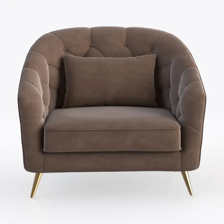 Modern Velvet Tufted Barrel Armchair with Gold Metal Legs 3D Model