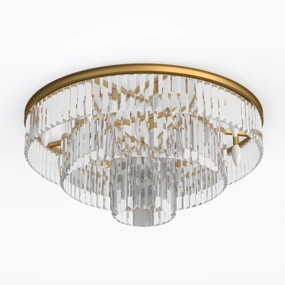 Gold Modern Crystal Chandelier, 3-Tier Round Flush