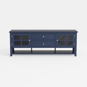 Navy Blue Solid Wood TV Stand With Glass Cabinet Doors And Drawers 3D Model