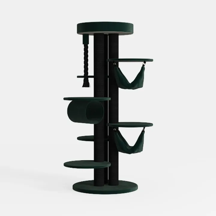 Modern Dark Green Velvet Fabric Cat Tree with Hammocks and Scratching Post 3D Model