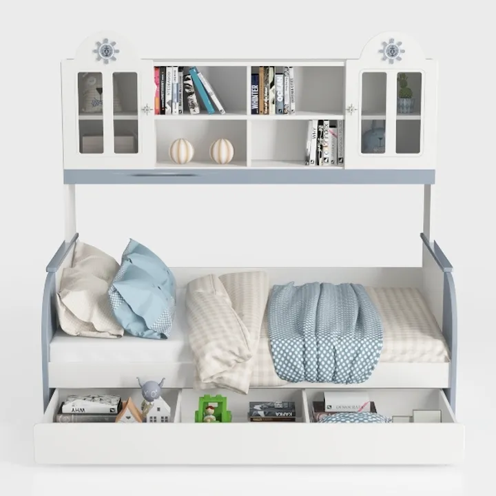 Modern Kids Solid Wood Storage Bunk Bed with Built in Bookshelves 3D Model