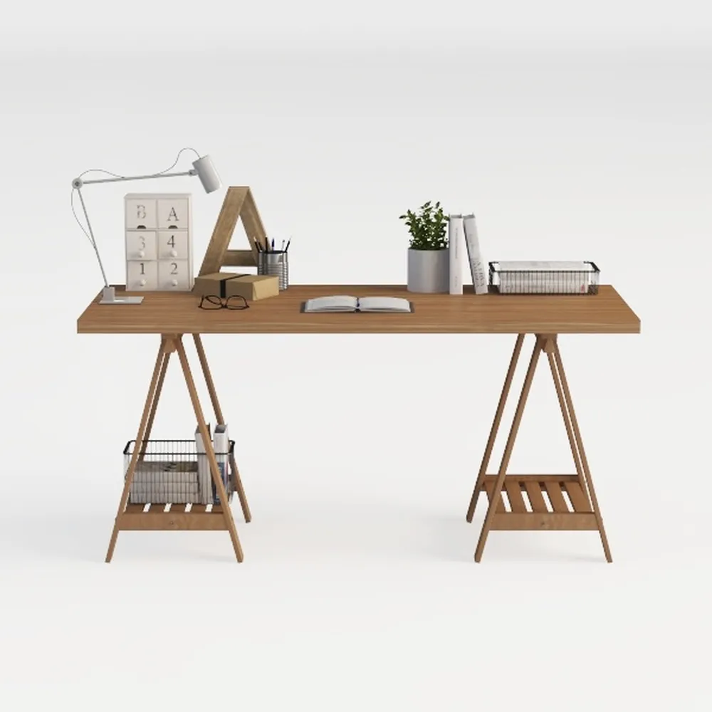 BuyUp Mid Century Modern Desk with 2 Drawers, Comp