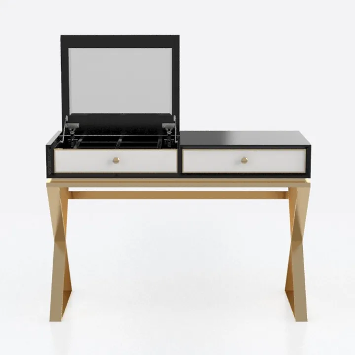 1-Piece Black and Gold Makeup Vanity Desk with Rou