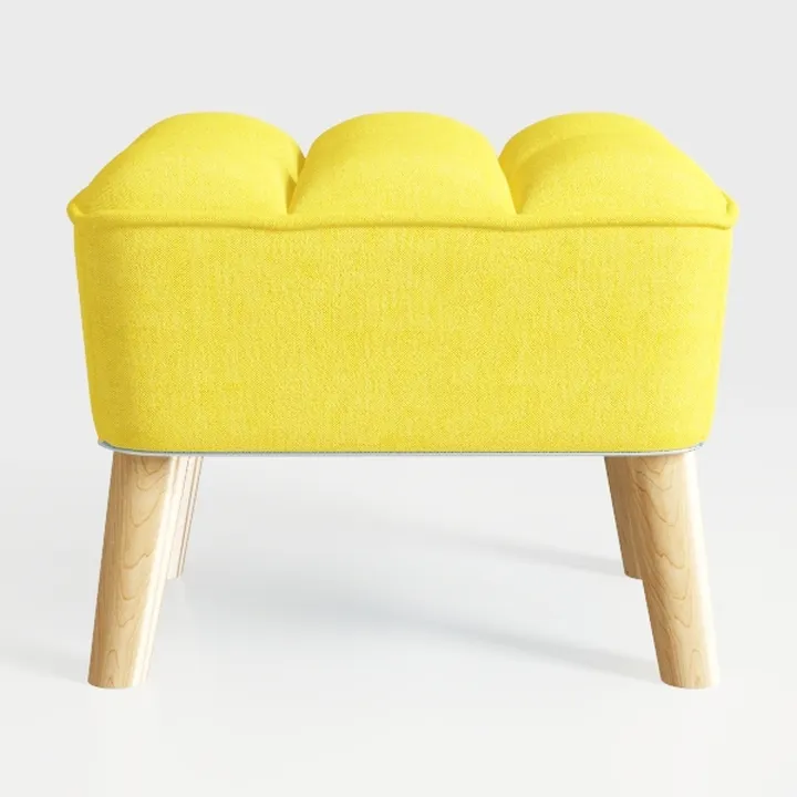 Modern Yellow Fabric Upholstered Tufted Ottoman with Solid Wood Legs 3D Model