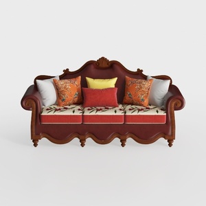 Vintage Solid Wood Leather Fabric Three Seat Sofa 3D Model