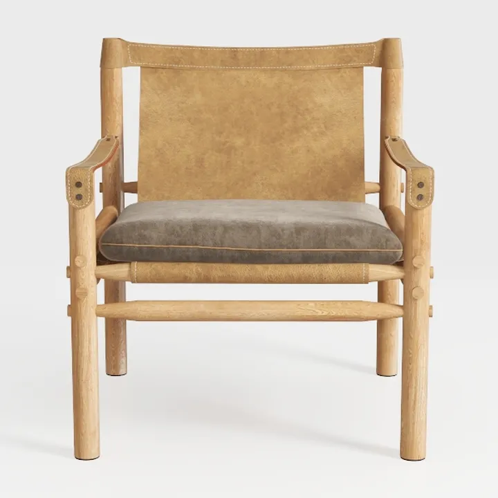 Modern Solid Oak Leather Fabric Armchair 3D Model