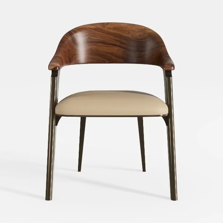 Modern Walnut Wood Metal Frame Fabric Upholstered Dining Armchair 3D Model