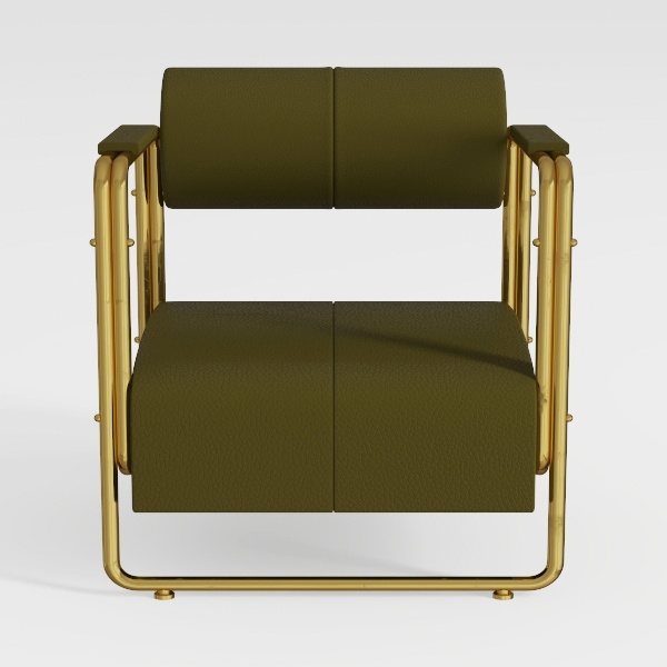 Green and Gold Leather Armchair with Gold Metal Fi