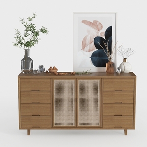 Modern Japandi Solid Wood Rattan Sideboard Cabinet 3D Model