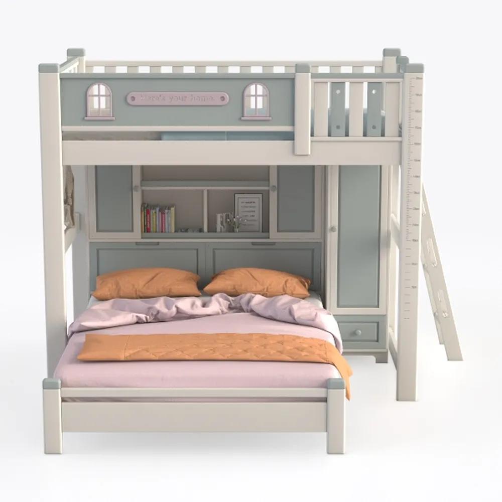 Twin Over Full Bunk Bed with Built-in Desk,Three D