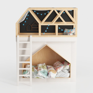 Modern Solid Wood Kids Play Loft Bed with Play Nook 3D Model