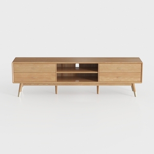 Mid-Century Solid Wood TV Stand With Drawers Open Storage 3D Model