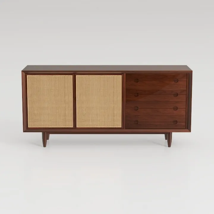 Mid Century Walnut Rattan Sideboard with Drawers and Cabinets 3D Model