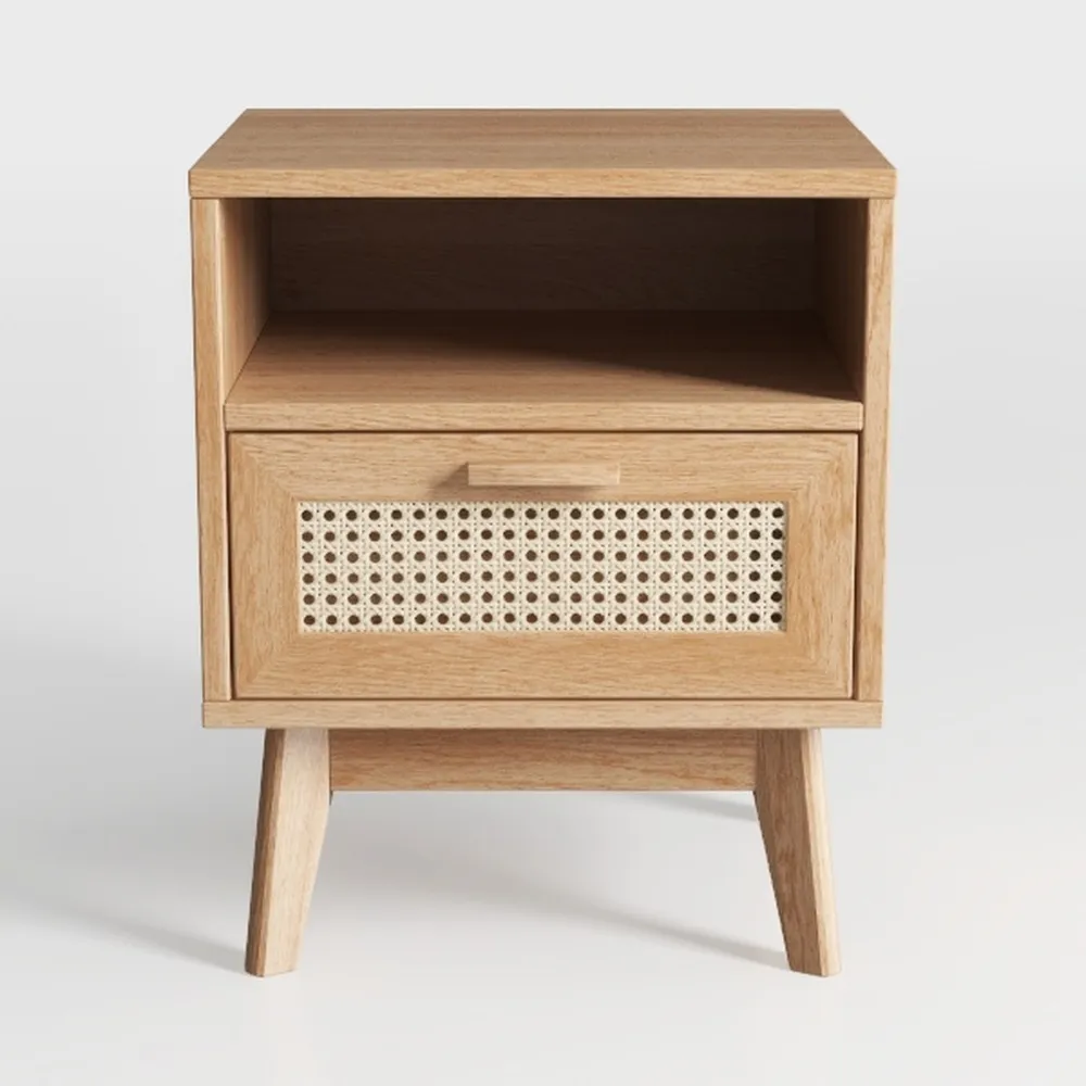 Boho Rattan Nightstand with Drawer and Open